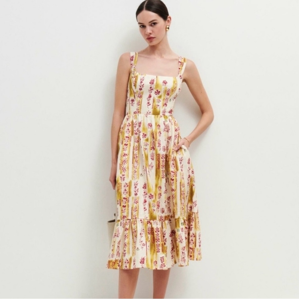 Sold Out Reformation Cream and Pink Floral Bucatini Linen Dress
